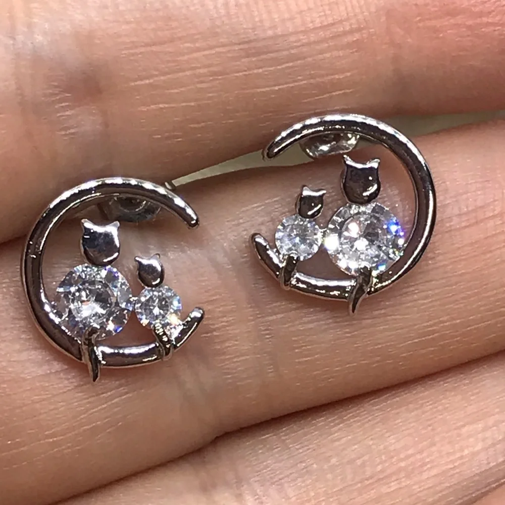 🌟 Silver Cat Moon CZ Stud Earrings